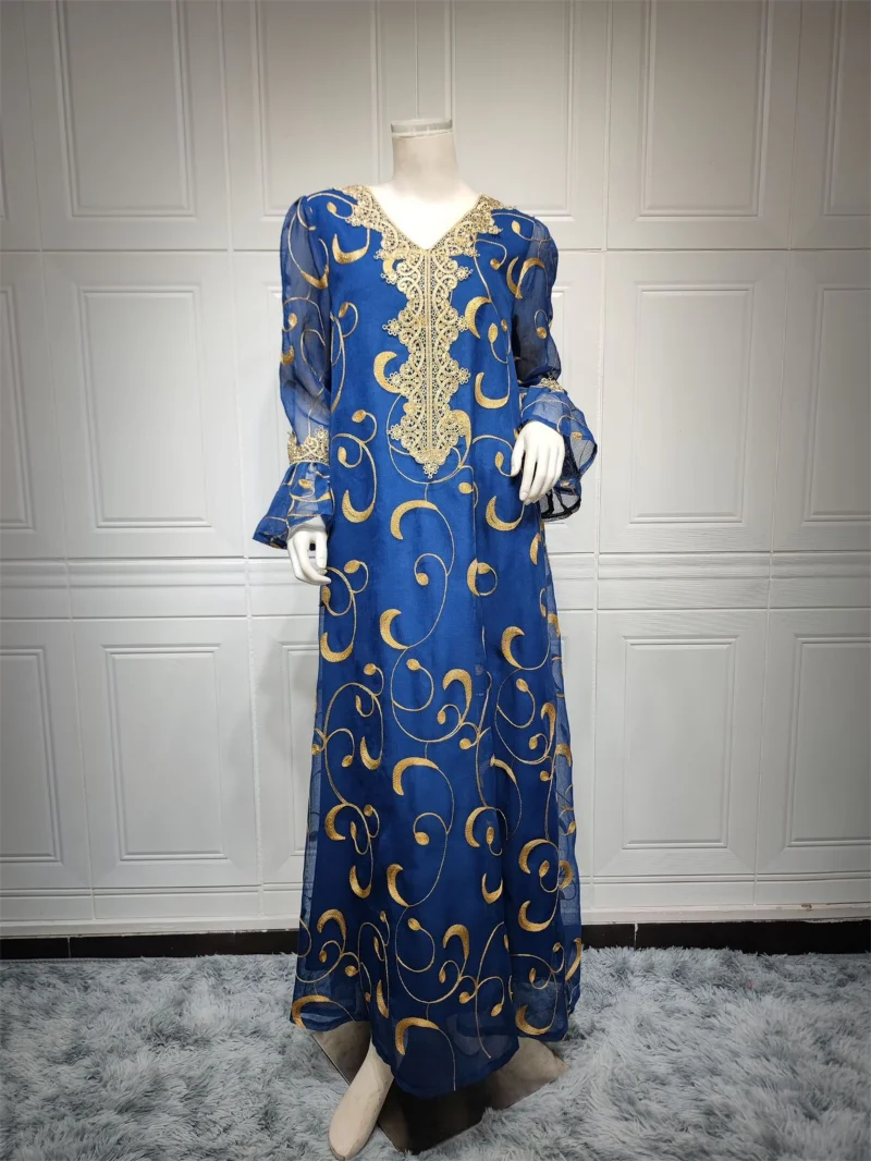 Ramadan Muslim Dress For Women Mesh Floral Embroidery Guipure Lace Flare Sleeves Modest Fashion Dubai Long Evening