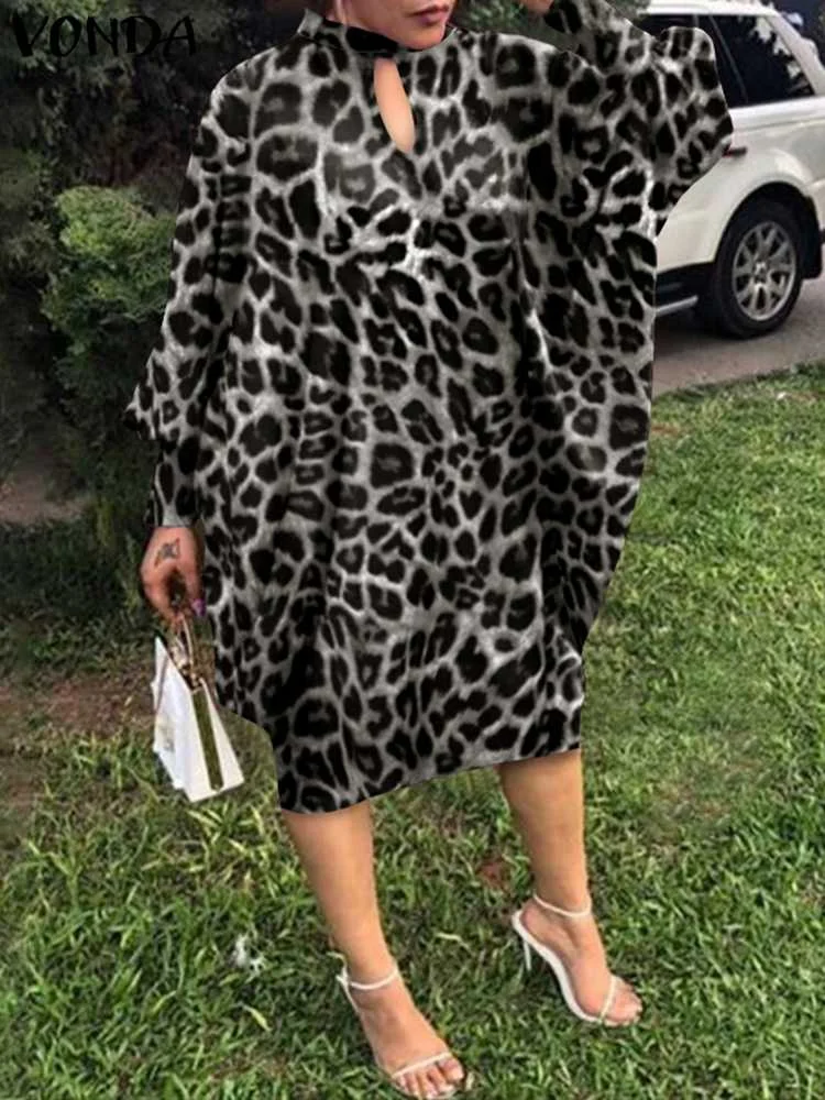 

VONDA 2022 Oversized Women Sexy Mid-Calf Robe Summer Bohemian Pleated Vestidos ONeck Long Sleeve Sundress Leopard Printed Dress