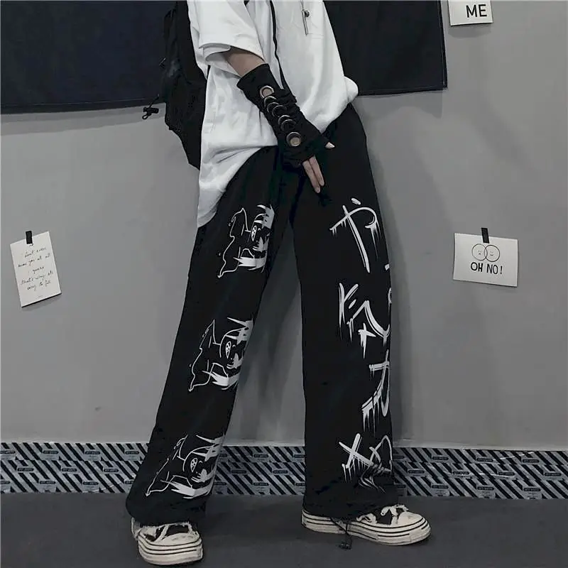 

Japanese anime retro streetwear high waist pants women oversized casual trousers womans wide leg straight couple clothes