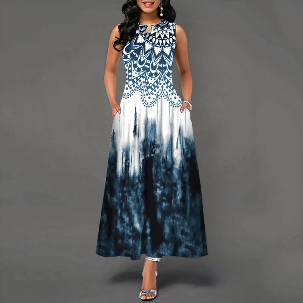 

Women Long Dress Digital Print Bohemian Floral Sleeveless O-Neck Hollow Out Streetwear Large Hem Elegant Dress Women Clothing
