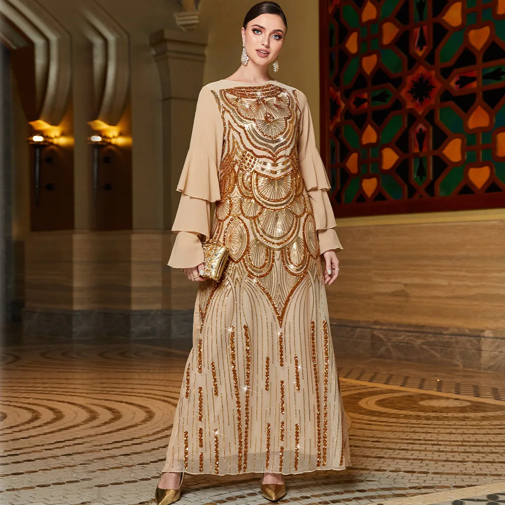 Women's Chiffon Gold Multi-Layer Frill Sleeve Positioning Spangled Embroidered Dress Turkish Indian Abaya Arab Party Dress