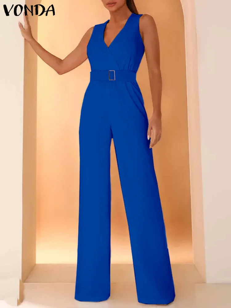 

2023 VONDA Summer Women Sexy Jumpsuits Sleeveelss V-Neck Belted Solid Color Long Rompers Casual Elegant Playsuits Streetwear