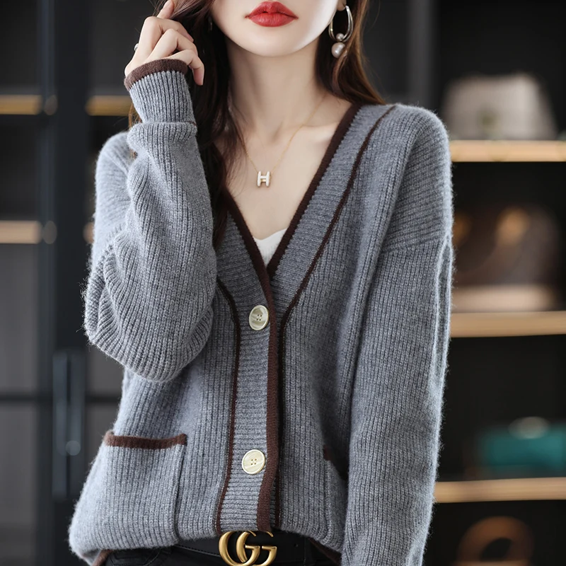Women's 100% Australian Vintage Wool Cardigan Elegant Contrast Color V-Neck Autumn And Winter New Loose Knit Jacket Fashion Top