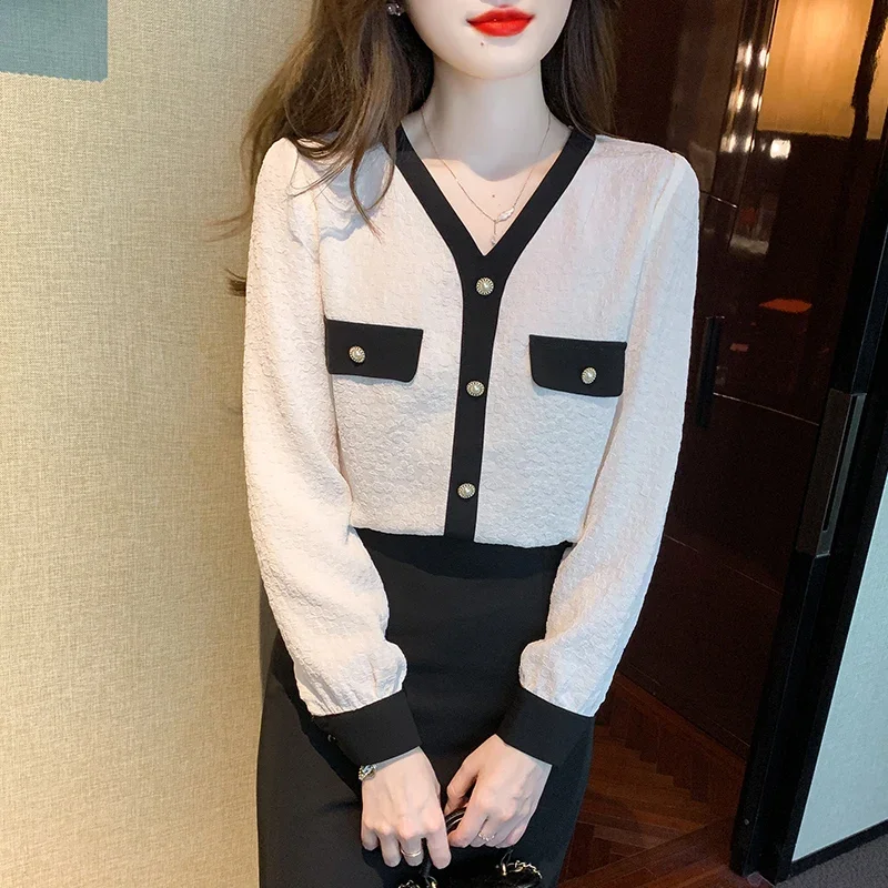 Осенняя женская рубашка с длинным рукавом модная абрикосовая шифоновая блузка