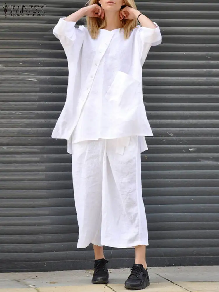 

ZANZEA Solid Color Oversized Women Matching Set 3/4 Sleeved O-Neck Button Blouse Elastic waist Elegant Casual Wide Leg Pant