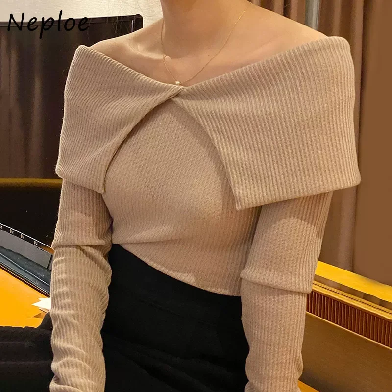

NEW 2023 Winter Temperament Slash Neck Women Tops Strapless Solid Color Sweaters Female Long Sleeve Knitting Top Jumpers