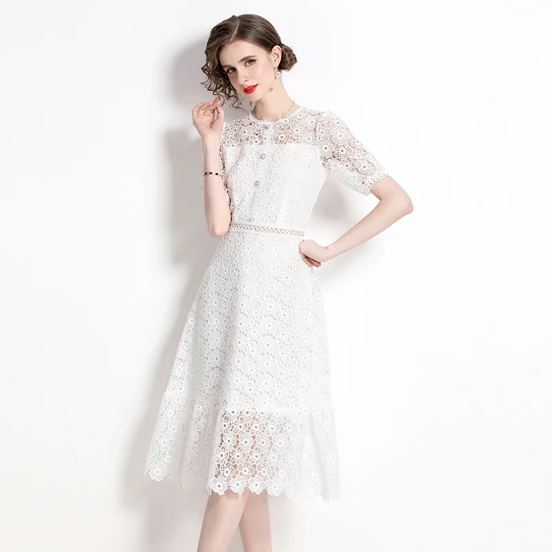 

Женское кружевное платье средней длины, элегантное белое ажурное платье на пуговицах с круглым вырезом, коротким рукавом и цветочной вышивкой, лето