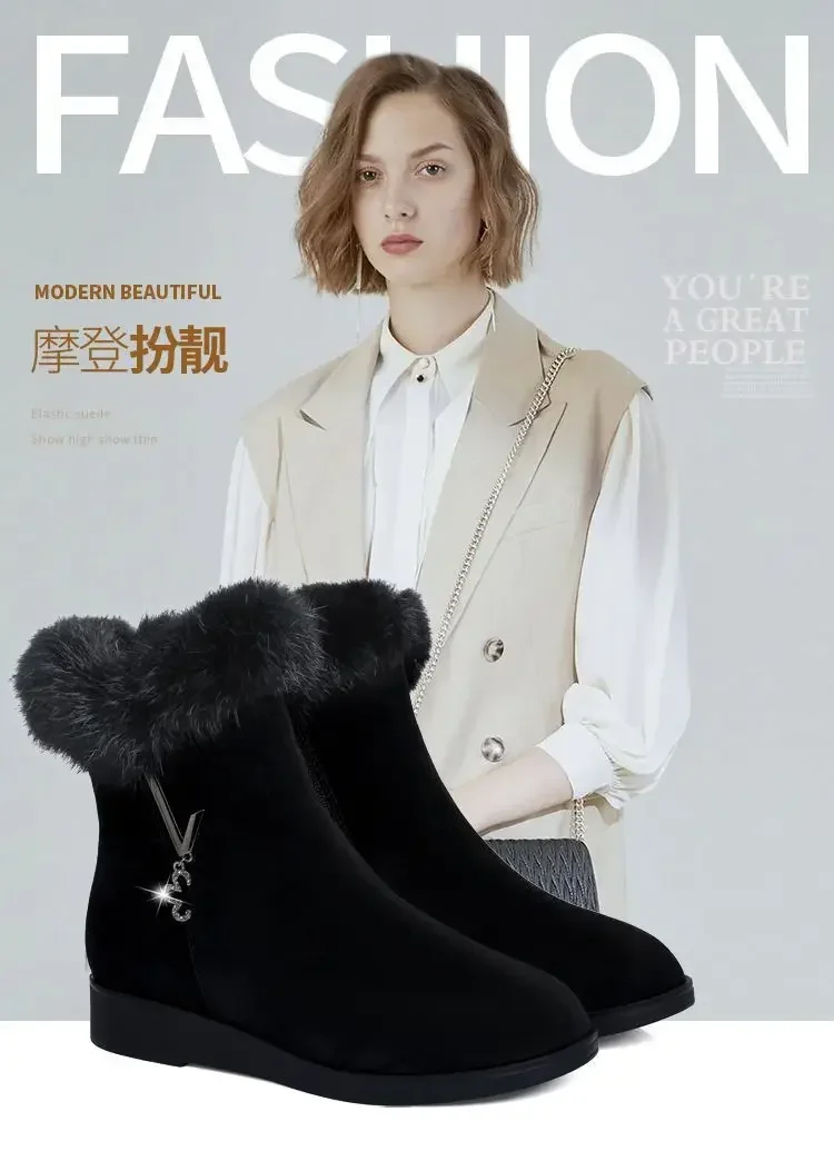 Плюшевые женские ботинки удобная обувь на меху толстой подошве модная женская