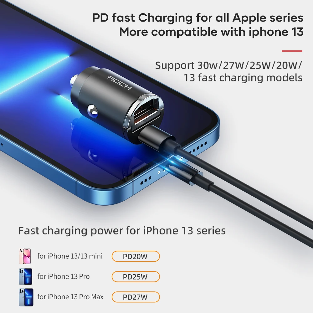 ROCK 30W USB Type C Car Charger For iPhone 14 Pro Max QC3.0 PD3.0 Mini Metal Dual USB Fast Charging Adapter For Xiaomi Samsung