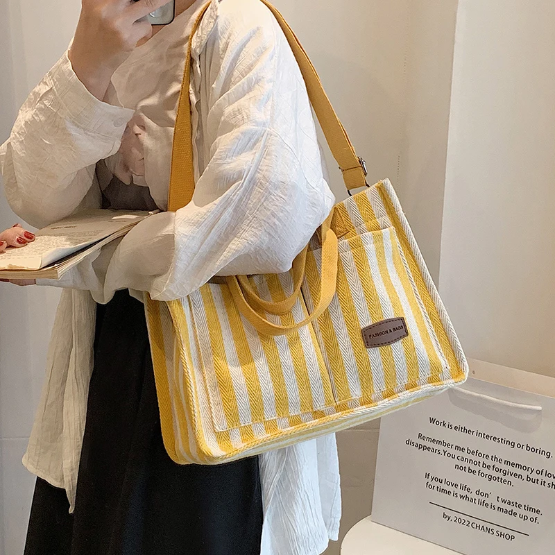 Casual Canvas Shoulder bags for women 2023 Crossbody Bags Cotton Cloth lunch bag Purses and stripe Handbags For Girls makeup bag
