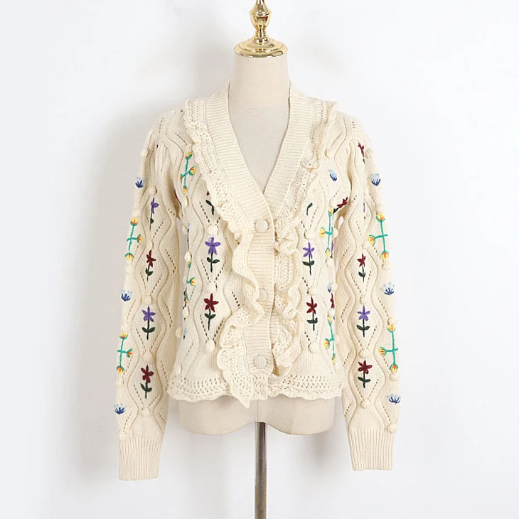 

Кардиган в стиле бохо, пальто, вязаный кардиган с длинным рукавом, свитера для женщин, винтажные свитера с цветочной вышивкой и V-образным вырезом, осень 2022