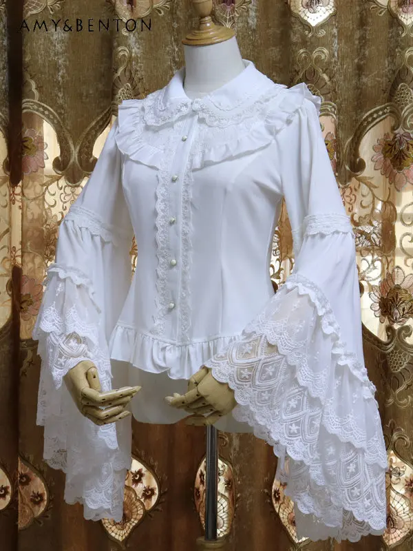Retro Lolita Ladies' Elegant Top Inner Wear Long Sleeves Shirt Wedding Girl Sleeve Lace Spring and Autumn Women Chiffon Blouse