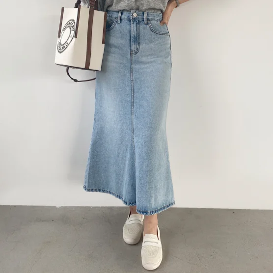 

2022 Casual High Waist Loose Female Mermaid Jeans Skirts Chic Spring Summer Stretched Women Denim Mid-length Skirts