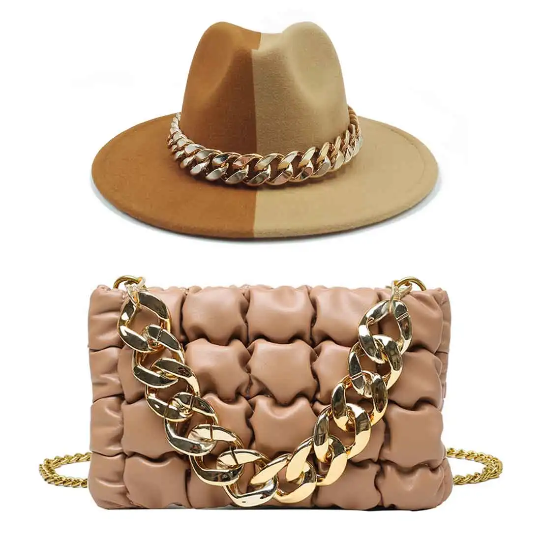 Комплект шляпы-федоры для женщин Кожаная шапка в стиле унисекс с золотистой