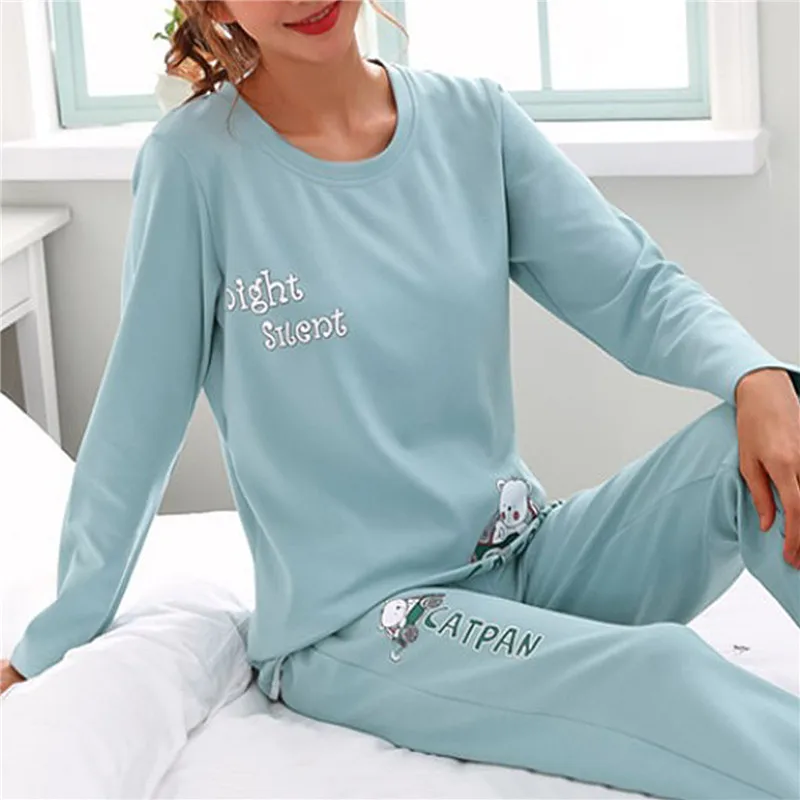 Cartoon Print Pajamas Women's Spring Autumn O-neck Long-sleeved Home Service Female Simple Loose Casual Suit Large Size