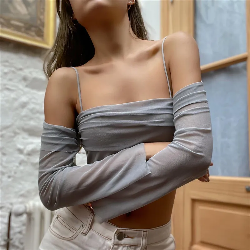

90s Camisole with Arm Sleeves Mesh Sleeve E-girl Backless Lace Up Halter Tanks Streetwear Folds Y2K Fashion Cropped Tops Summer