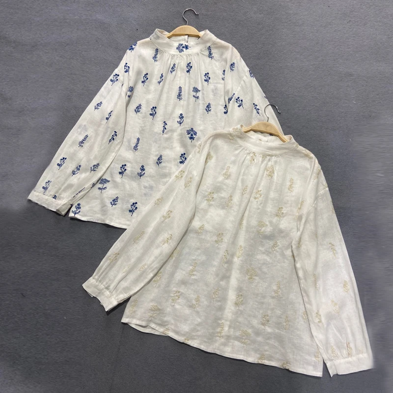 

Johnature 2022 New Vintage Cotton Linen Embroidery Print Japanese Shirts Summer All Match Loose Button Simple Women Blouses