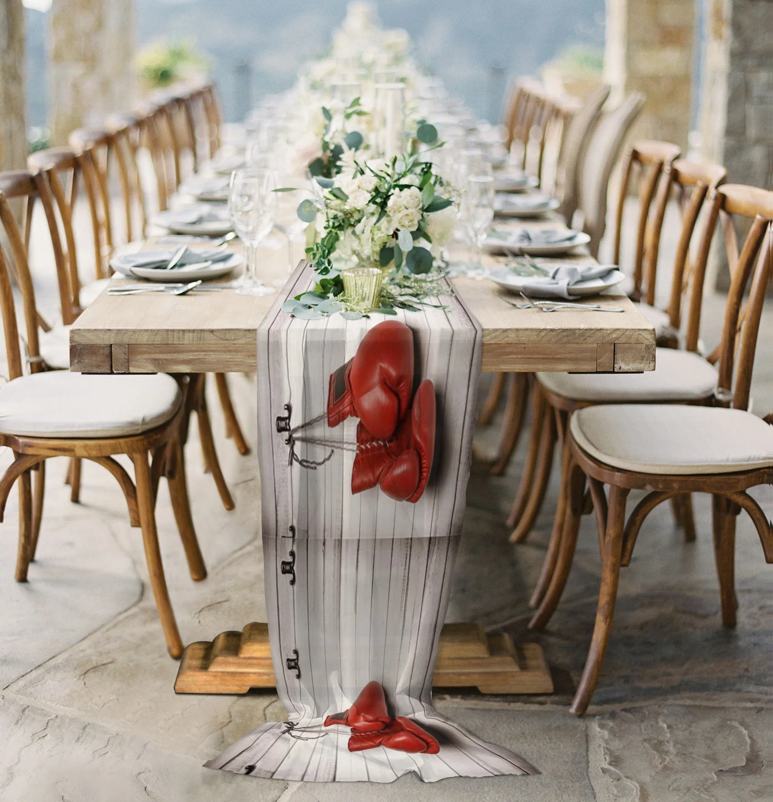 

Red Boxing Gloves Against Wooden Wall Chiffon Table Runner for Wedding Celebration Banquet Festival Party Backdrop Decor