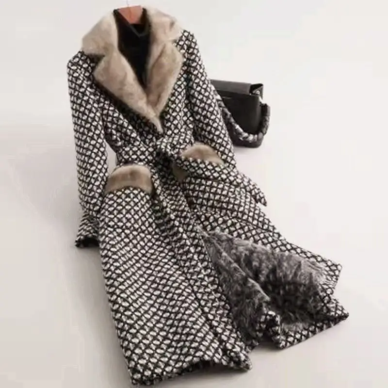 2022 Winter Thick Warm Coat Women Slim Mink Fur Tweed Pie Overcoming Fur One Coat Female Mid-length Woolen Jacket