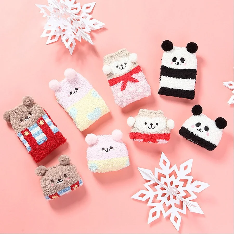 Kawaii Women Short Sock Set Winter Cute Funny Cartoon Animal Panda Ladies Plush Floor Slipper Comfy Fluffy Fuzzy Sock Designer