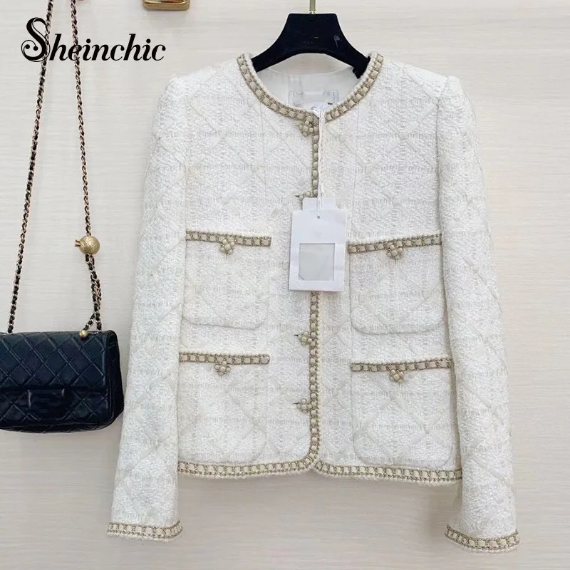 Korean Fashion White Tweed Jackets for Women 2022 Autumn Winter Wool Coat Brand Designer Casacos De Inverno Feminino