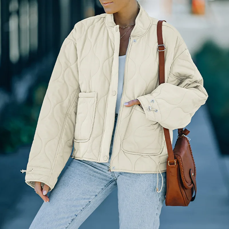 2022 Women's Clothing Solid Color Cotton Clothing Female Winter New Zipper Stand-Up Collar Pocket Jacket Tops Female