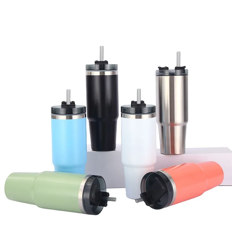 

Термос с двойной соломинкой, автомобильная Вакуумная чашка из нержавеющей стали, большая емкость, стеклянная кружка с высоким внешним видом, простая кофейная чашка