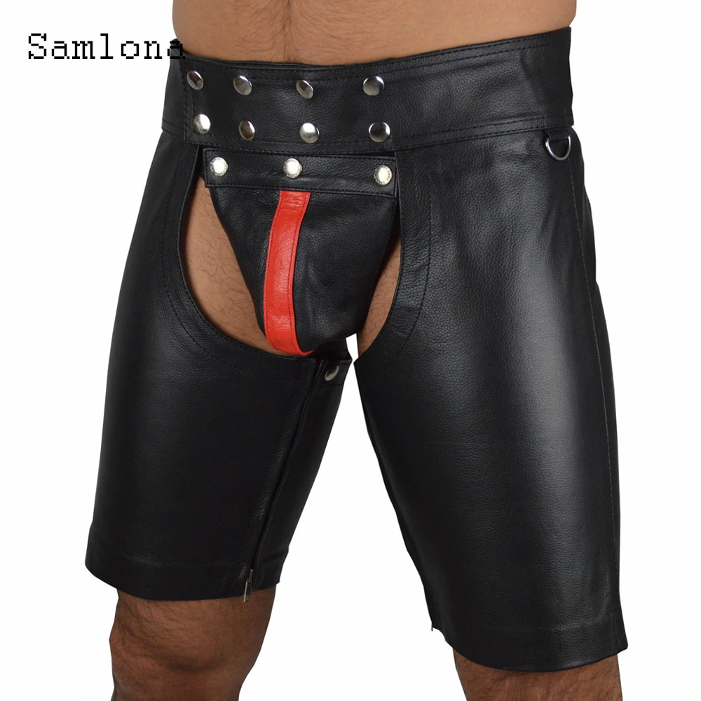 Sexy Men's Fetish Costume Shorts Open Crotch Faux Leather Erotic Half Pants Men Casual Skinny Wetlook 2022 Fashion Rivet Shorts