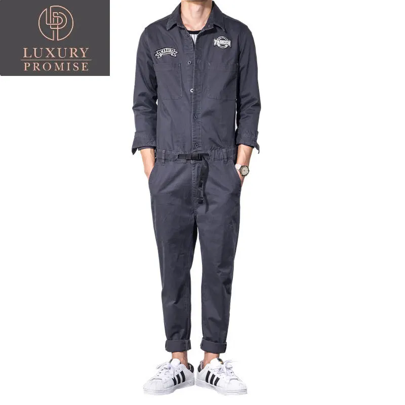 

2023 Overalls Men's Jumpsuits Dark Gray Pants Lapel Long Sleeve Cotton Slim Casual Elastic Waist Patches Design Stree Trousers
