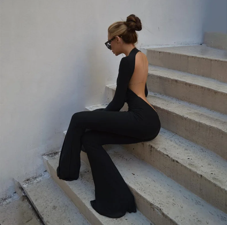 Women Black Stretchy Bodycon Jumpsuits Sexy Backless O Neck Wide leg pants  One Piece Rompers 2022 Casual Night Prom Overalls