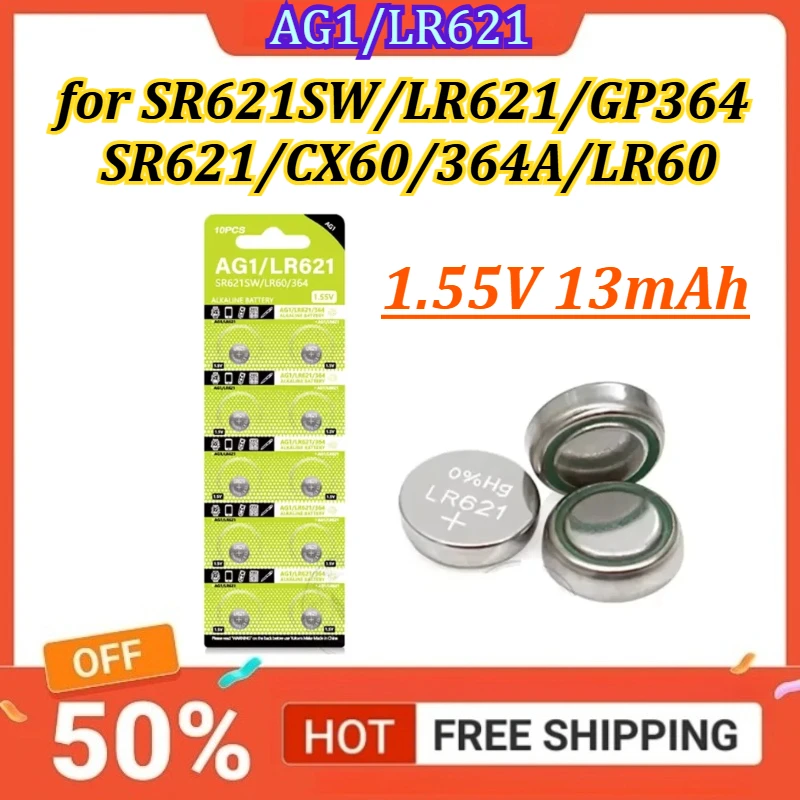 Фото Батарейка щелочная 1.55V 13mAh AG1 LR621 364 V364 164 531 SR621 SR621SW SR60 CX60 для часов, автомобильных ключей, пультов ДУ, игрушек, кнопочных устройств, батарейка-таблетка №1