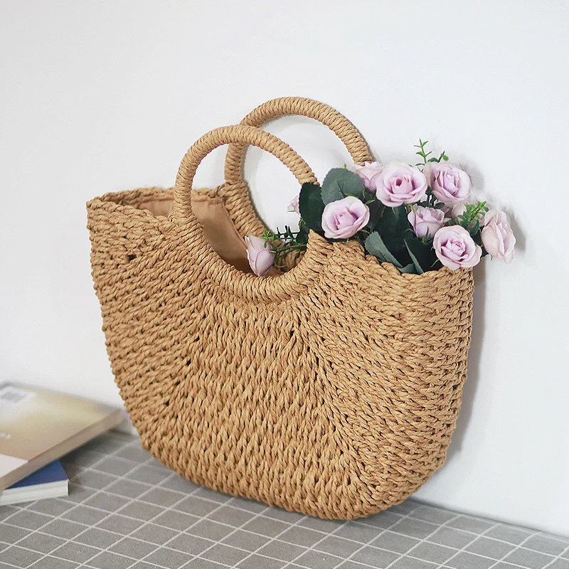 

Summer Handmade Bags for Women Beach Weaving Ladies Straw Bag Wrapped Beach Bag Moon shaped Top Handle Handbags Totes