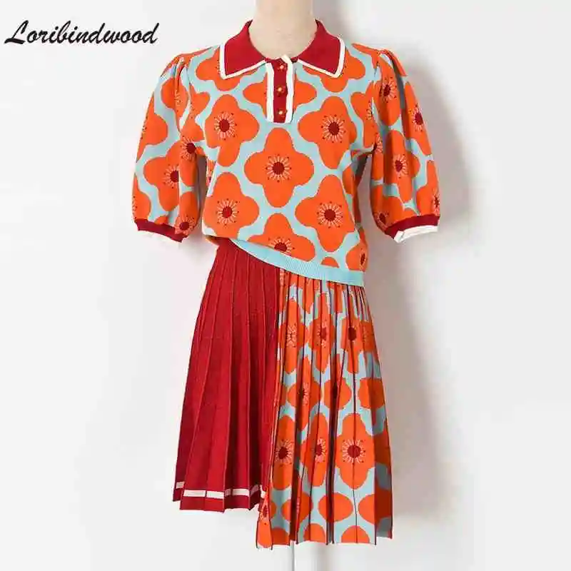 

New Arrival Flower jacquard Knitted Tops 2 piece set Women Lapel Color contrast Sweater and Irregular Pleated Mini Skirt Suits