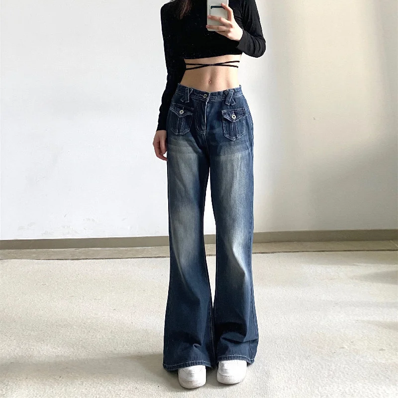 Drop Shipping Women's Pants Y2k Streetwear Korean Fashion Pocket Distressed Flared Trousers Low Rise Jeans