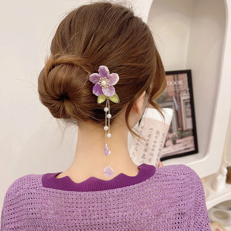 

Antique Purple Orchid Pearl Flowers Leaves Tassels Hairpin Temperament Simple Coiled Personalized Design Hair Accessorie