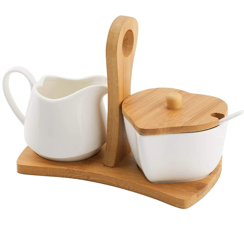 

Sugar Bowl And Creamer Set With Lid & Spoon Ceramic Cream Jug And Sugar Bowl With Wood Handle Coffee Serving Set