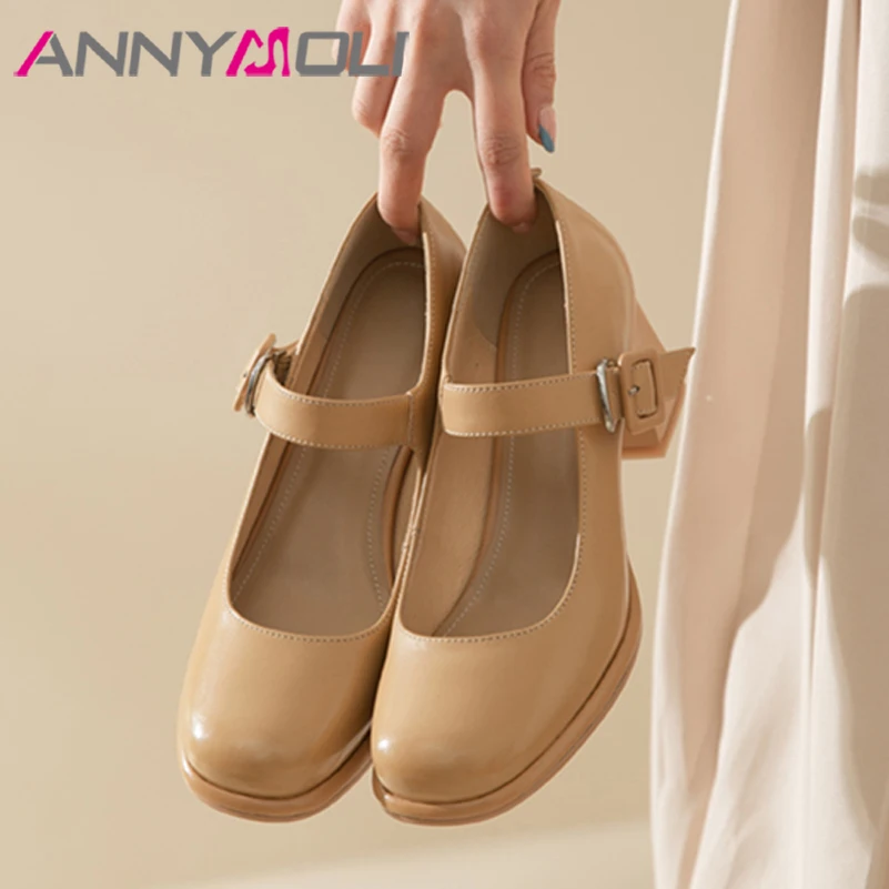 

ANNYMOLI Genuine Leather Shoes Women Platform Buckle Chunky Heels Square Toe Pumps High Heel Female Autumn Footwear Apricot 39-4