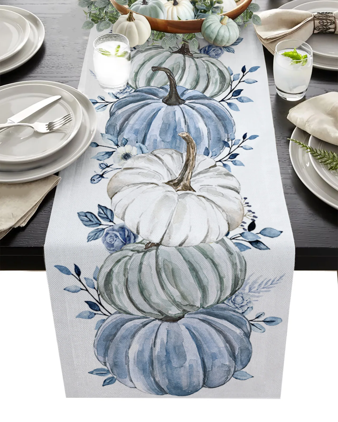 

Thanksgiving Eucalyptus Blue Pumpkin Table Runner Cotton Linen Wedding Dinner Decor Table Flag Holiday Home Tea Table Decoration