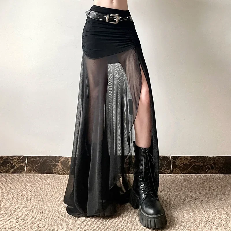 Mall Goth Сетчатые лоскутные юбки средней длины с высокой талией Сексуальная