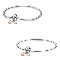 authentic 925 sterling silver moments rose gold leaves clasp snake chain bracelet bangle fit bead charm diy fashion jewelry