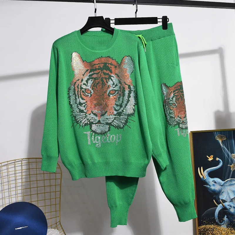 Трикотажный комплект из двух предметов, зеленый свободный Свитер С Рисунком Тигра и повседневные брюки-султанки, модные вязаные костюмы на осень