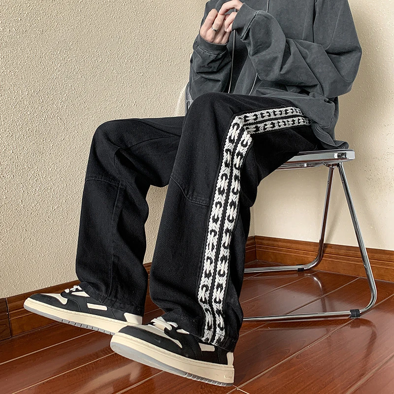 DEEPTOWN Classic Straight Jeans Men Streetwear Denim Striped Pants Hip Hop Black Blue Fashion Trousers Male Loose Casual Spring