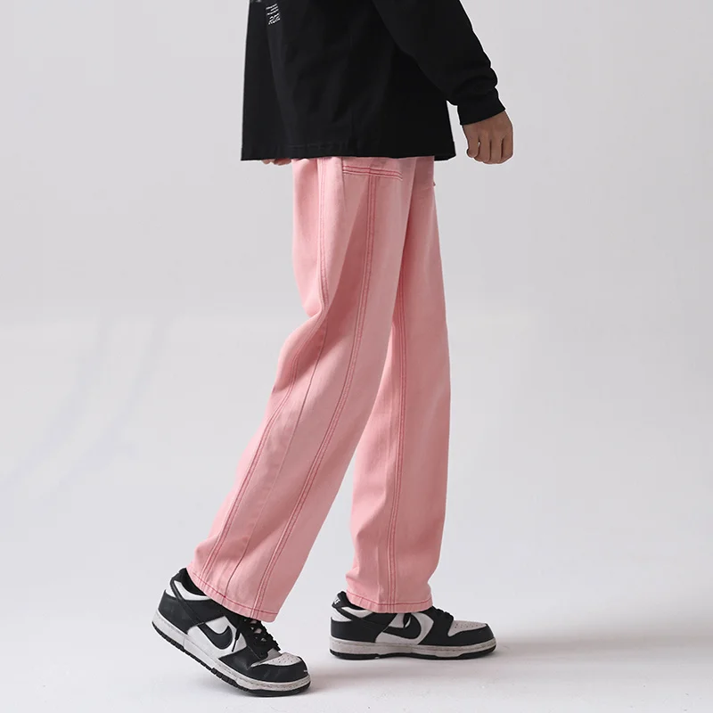 Pink Jeans Men Fashion Cotton Casual Baggy Straight Jeans Men Streetwear Loose Hip Hop Denim Pants Mens Trousers M-2XL