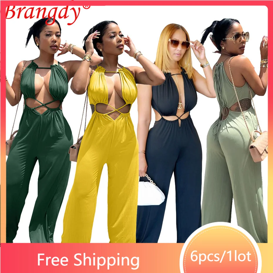 

Женские деловые комбинезоны с широкими штанинами, сексуальный кружевной комбинезон с перекрестными лямками на шее, Y2k, Модный женский комбинезон без рукавов, 6 шт., оптовая продажа, B9793
