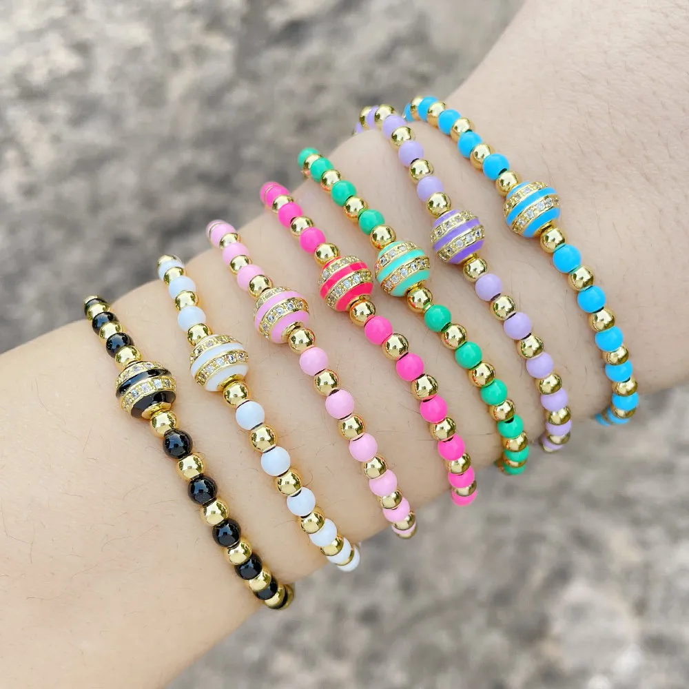 

Enamel Stripe Crystal Ball Bracelets for Women Black Gold Beads Elastic Bracelet Fashion Rainbow Jewelry Friends Gifts brtf43