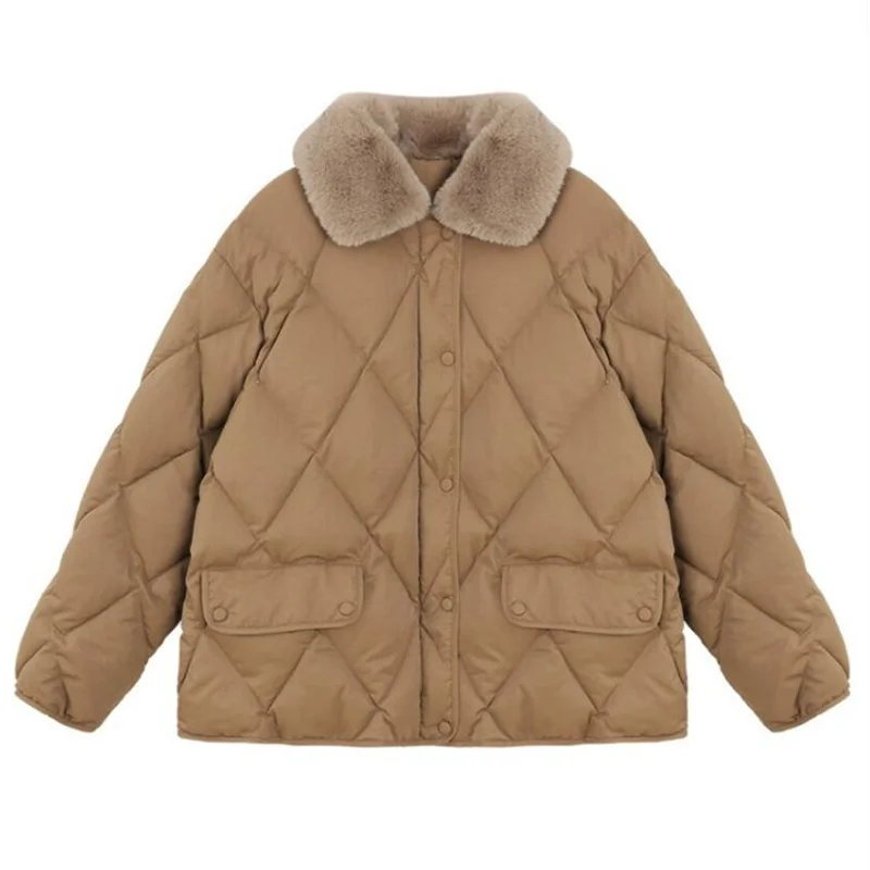 M GIRLS Bella Philosophy Women Winter Coat Long Sleeve Furry Collar Short Jacket With Rhombus pattern Padding Cotton Parka
