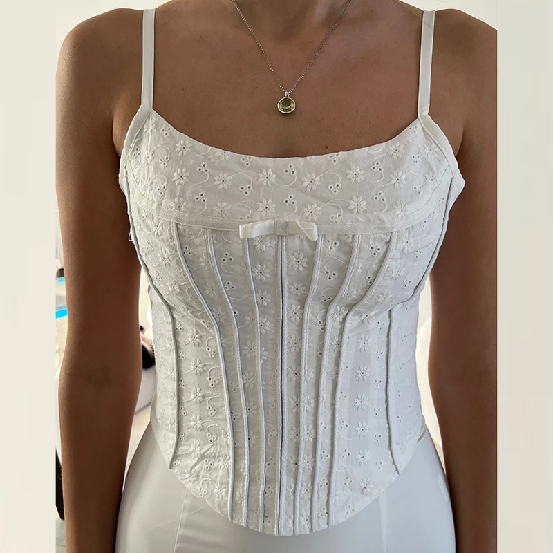 

Y2K Fairycore Retro Spaghetti Strap Camisole Chic Floral Pattern White Corset Tops Elegant Slim Fit Backless Crop Bustier Vest