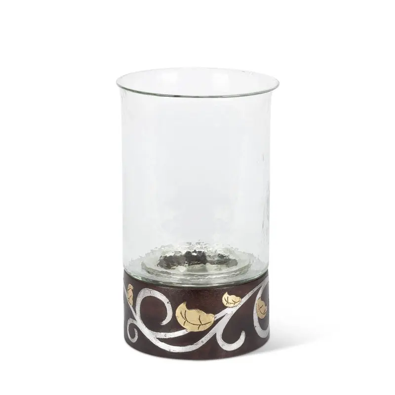 

Free Shipping 12" Clear and Black Unique Gold Leaf Mango Wooden Inlay Round Candle Holder