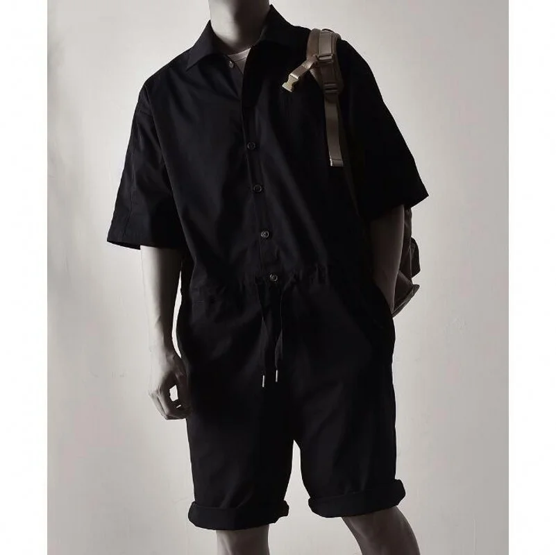 

Men Retro Japanese Style Casual Wear Suits Tide Korean Loose Drawstring Short Sleeve Jumpsuit Fashion Male Five-piece Bodysuit