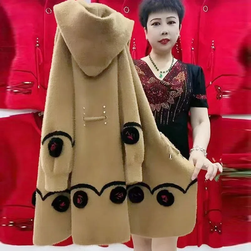 

Fashion Mother Winter Jacket Long Thick Hooded Faux Mink Velvet Coat High End Middle Aged Women Knit Cardigan Cashmere Jacket